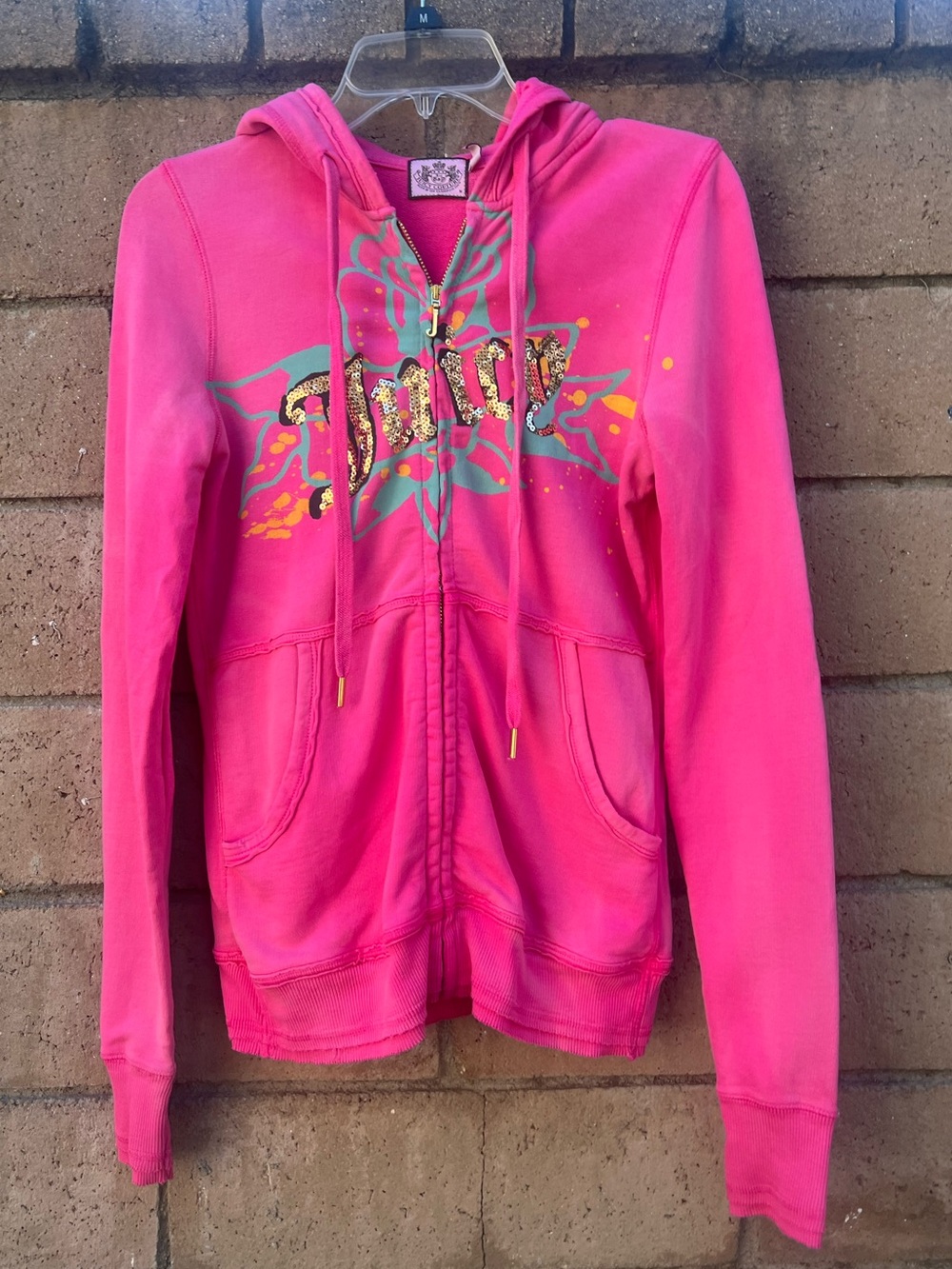 Juicy Couture Hot Pink Sequin Logo Zip Hoodie with Teal & Yellow Floral Accent